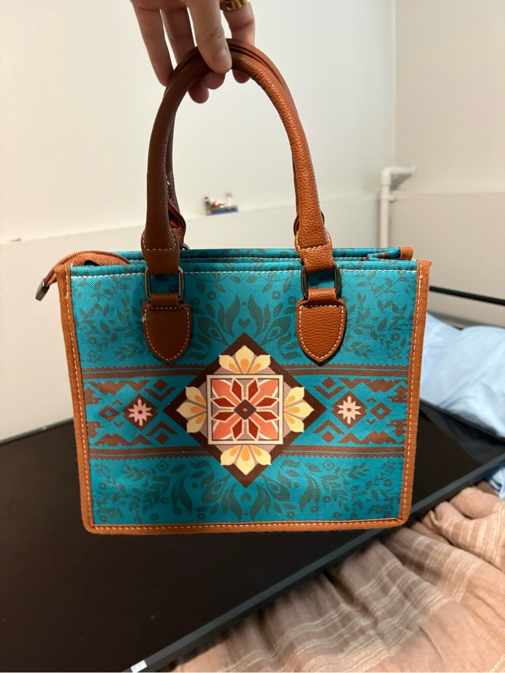 Turquoise and Tan Patterned Tote Bag